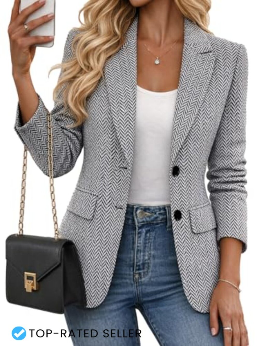 Womens Herringbone Tweed Blazer Notch Lapel Business Casual Suit Jacket